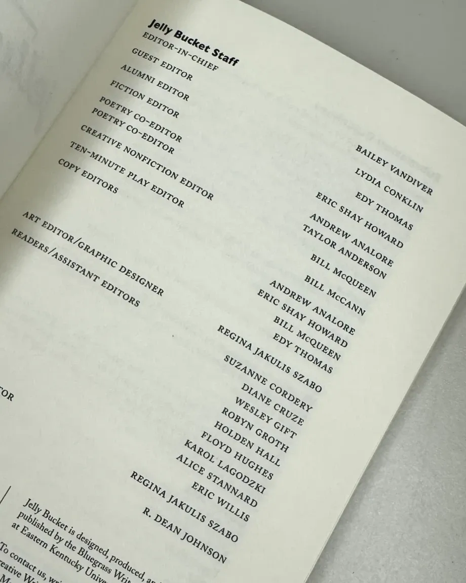 The Jelly Bucket staff page, listing Eric Shay Howard as fiction editor and as a reader.