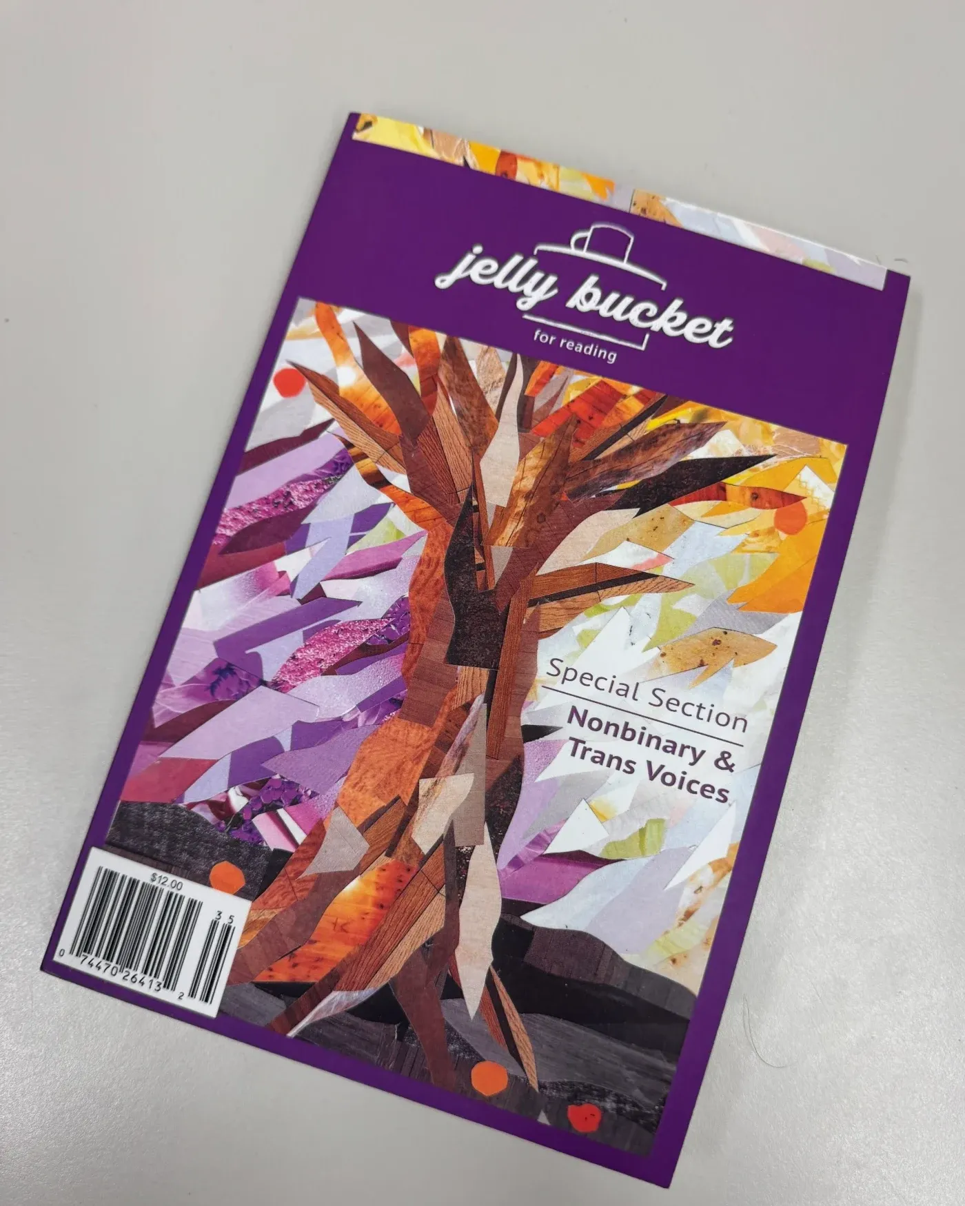 A copy of Jelly Bucket with a purple collage cover and a special section titled Nonbinary & Trans Voices.